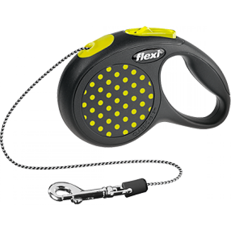 flexi рулетка Design XS 3 м трос, для выгула собак весом до 8 кг, черная/желтый горох