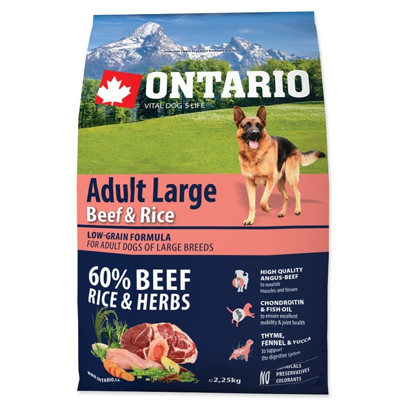 Сухой низкозерновой корм Супер Премиум класса Ontario Adult Large Beef & Rice для взрослых нормально активных собак крупных пород с мясом говядины и индейки 2.25 кг