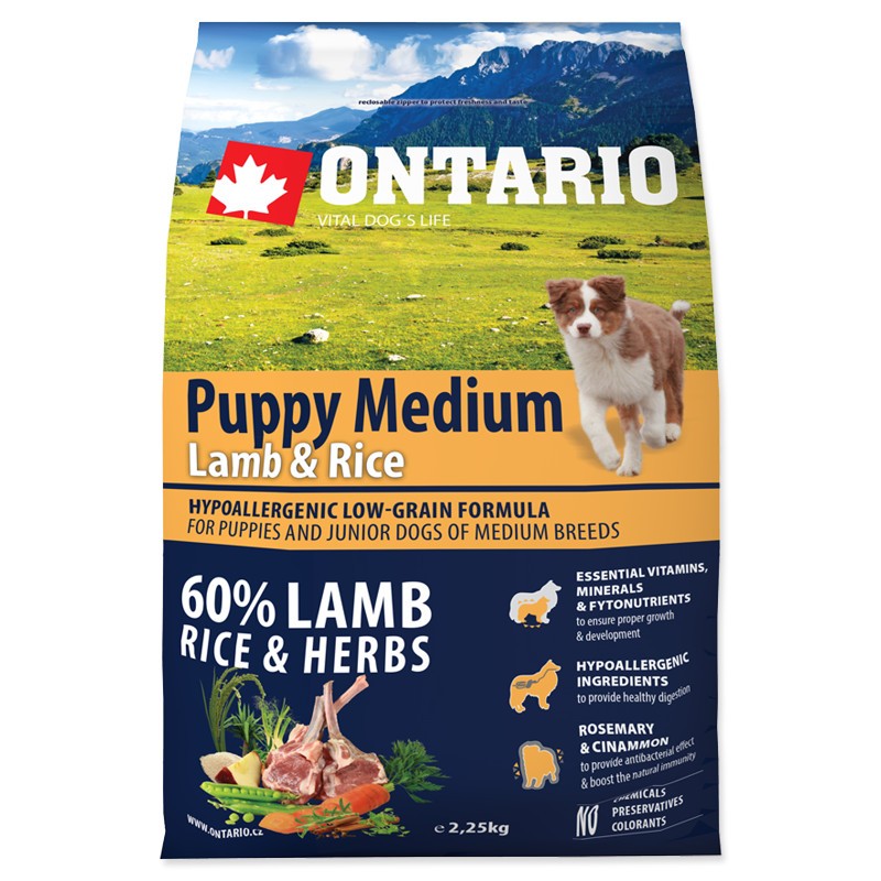 Сухой корм для щенков собак средних пород Ontario с мясом ягненка Puppy Medium Lamb & Rice 6.5 кг