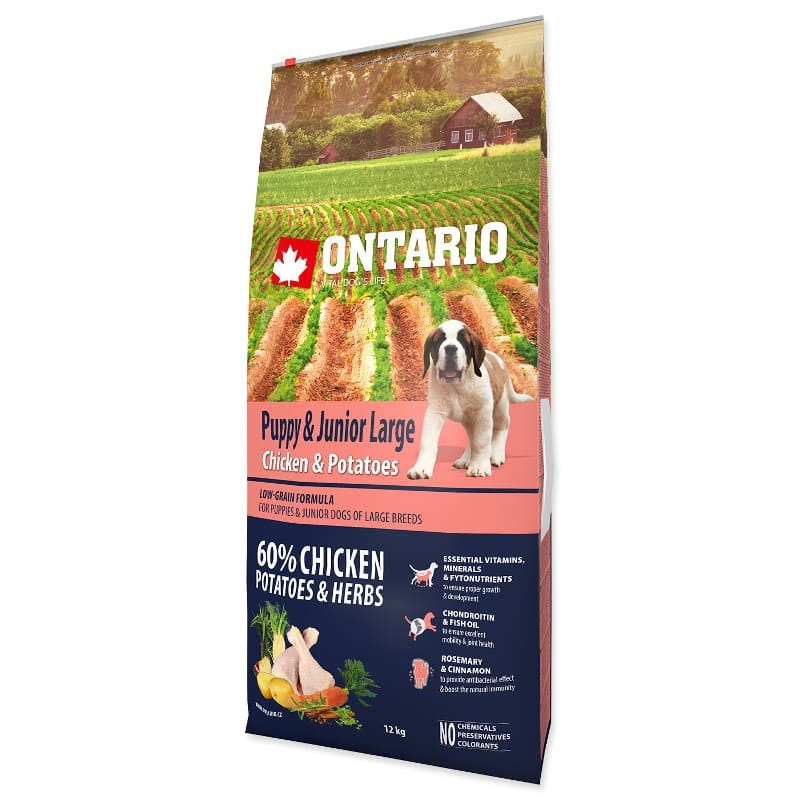 Сухой корм для нормально активных щенков и юниоров собак крупных пород Ontario с мясом курицы Puppy & Junior Large Chicken & Potatoes 12 кг