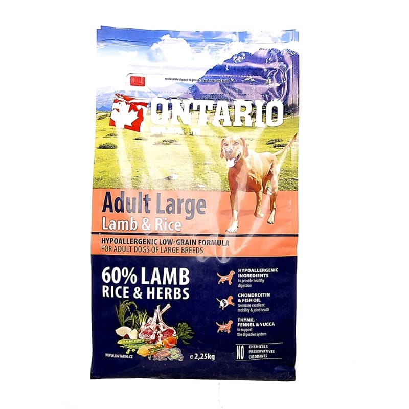 Сухой корм для взрослых нормально активных собак крупных пород Ontario с мясом ягненка Adult Large Lamb & Rice 12 кг