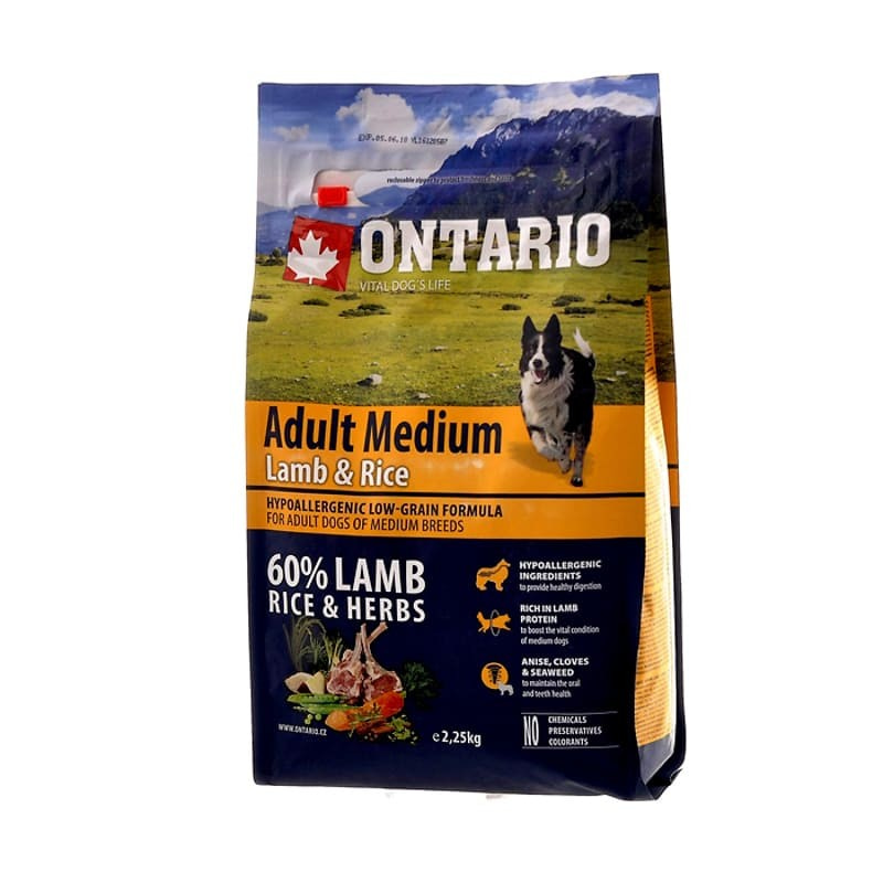 Сухой корм для взрослых нормально активных собак средних пород Ontario с мясом ягненка Adult Medium Lamb & Rice 12 кг