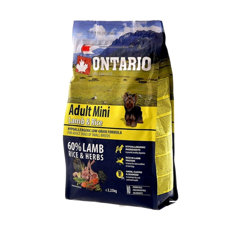 Сухой корм для взрослых нормально активных собак малых пород Ontario с мясом ягненка Adult Mini Lamb & Rice 12 кг