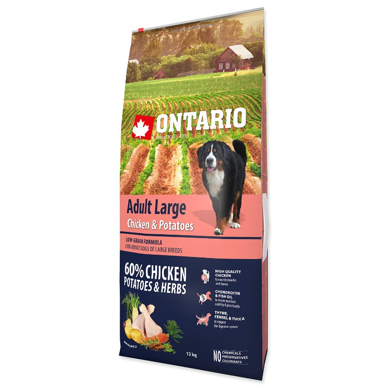 Сухой корм для взрослых нормально активных собак крупных пород Ontario с мясом курицы Adult Large Chicken & Potatoes 2.25