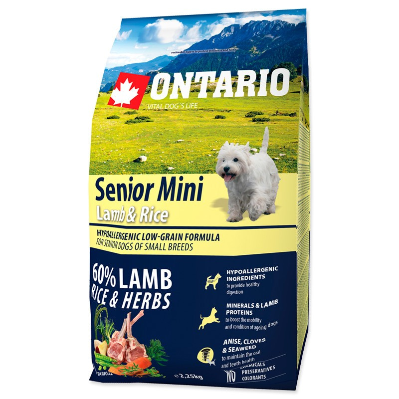Сухой корм для нормально активных пожилых собак (старше 8 лет) малых пород Ontario с мясом ягненка Senior Mini Lamb & Rice 6.5 кг