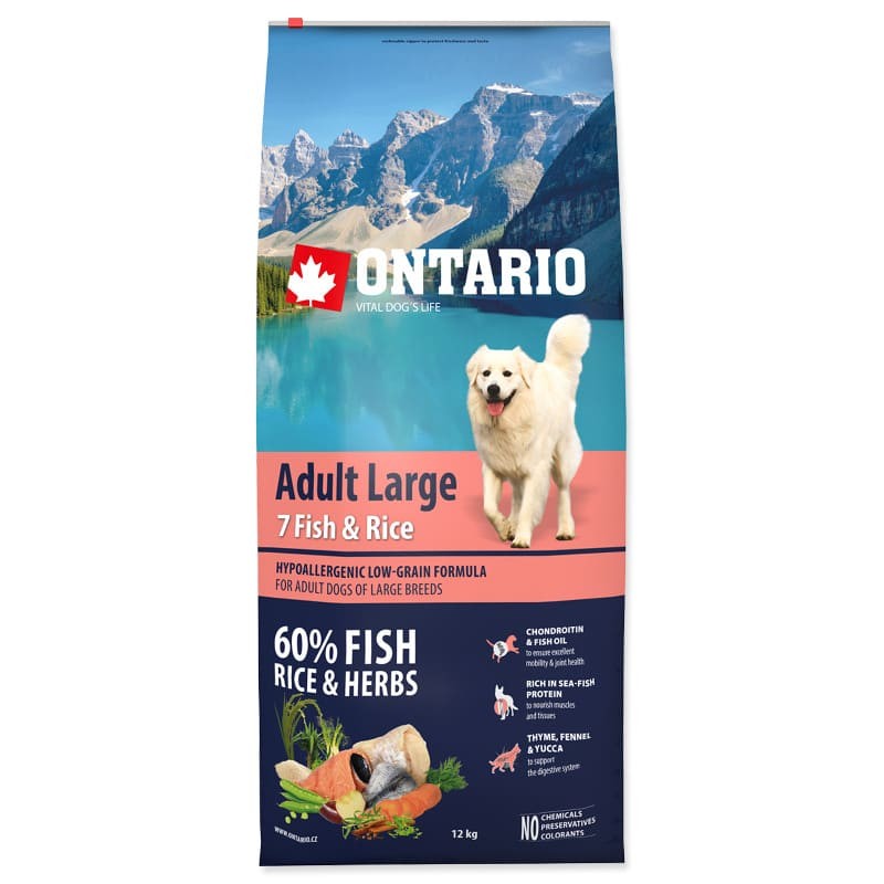 Сухой низкозерновой корм Супер Премиум класса Ontario Adult Large Fish & Rice для взрослых нормально активных собак крупных пород на основе 7 видов рыбы 2 кг