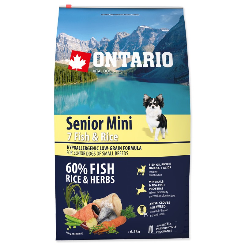 Сухой низкозерновой корм Супер Премиум класса Ontario Senior Mini Fish & Rice для нормально активных пожилых собак (старше 8 лет) малых пород на основе 7 видов рыбы 750 гр