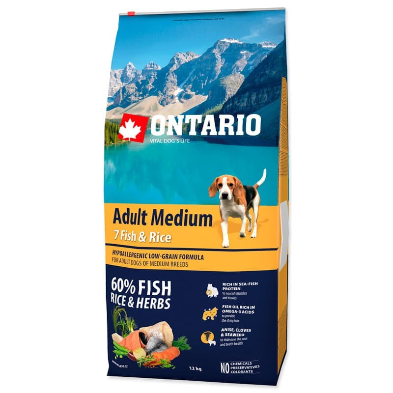 Сухой корм для взрослых нормально активных собак средних пород Ontario с рыбой Adult Medium Fish & Rice 12 кг