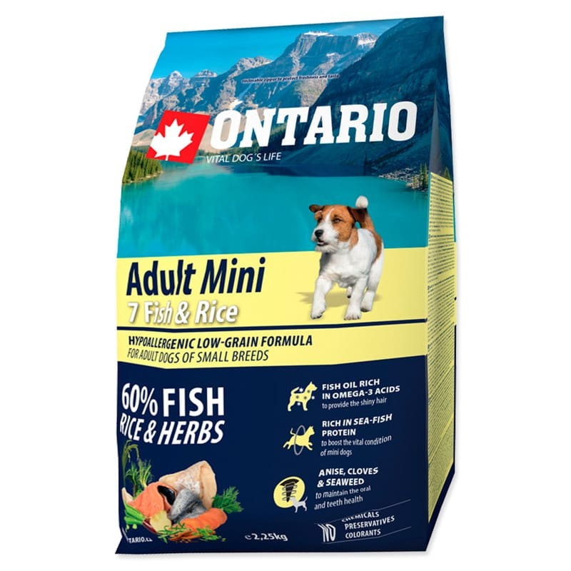 Сухой корм Супер Премиум класса Ontario Adult Mini Fish & Rice для взрослых нормально активных собак мелких пород  с рыбой 750 гр