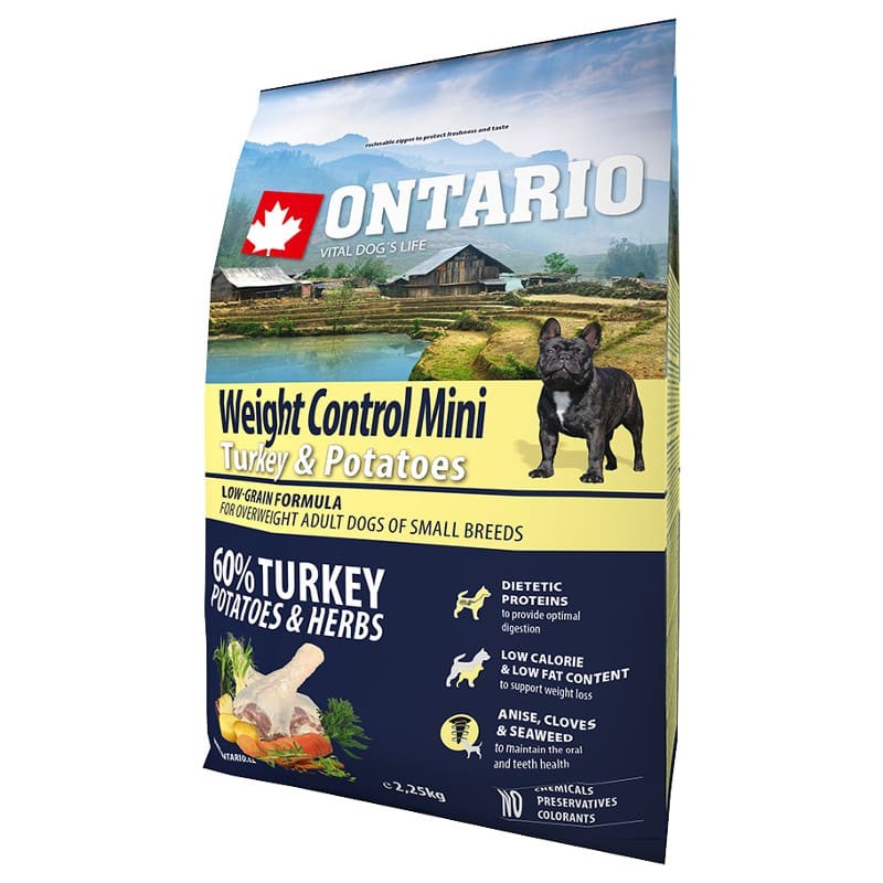 Сухой низкозерновой корм Супер Премиум класса Ontario Mini Weight Control Turkey & Potatoes & Herbs для взрослых собак малых пород с мясом индейки 2.25 кг