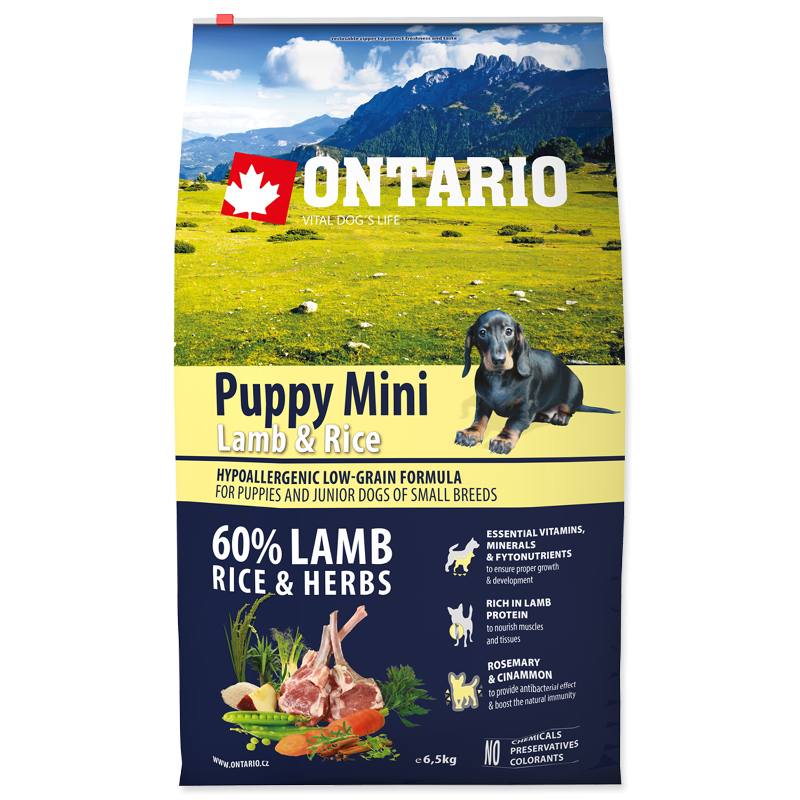 Сухой корм для нормально активных щенков собак малых пород Ontario с мясом ягненка Puppy Mini Lamb & Rice 6.5 кг