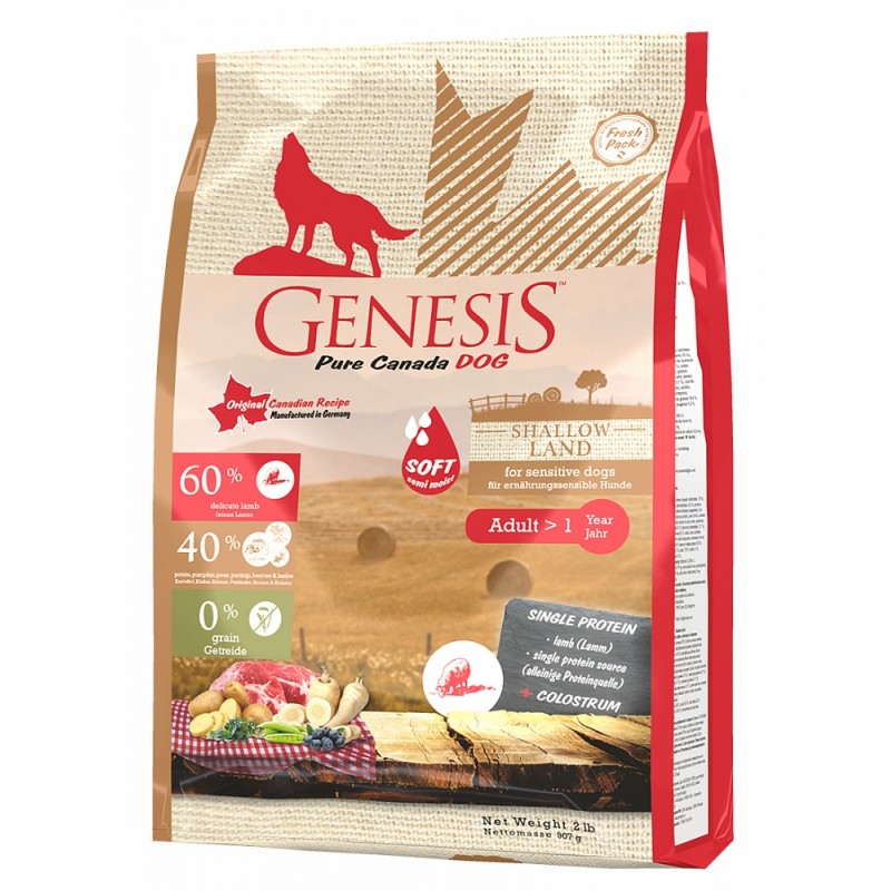 Полувлажный беззерновой корм холистик класса Genesis Pure Canada DOG Shallow Land Soft для взрослых собак с чувствительным пищеварением с ягненком 11,79 кг