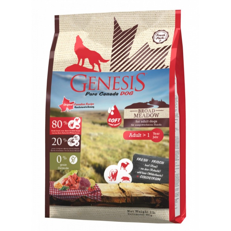 Полувлажный беззерновой корм холистик класса Genesis Pure Canada DOG Broad Meadow Soft для взрослых собак всех пород с говядиной, мясом косули и дикого кабана 11,79 кг