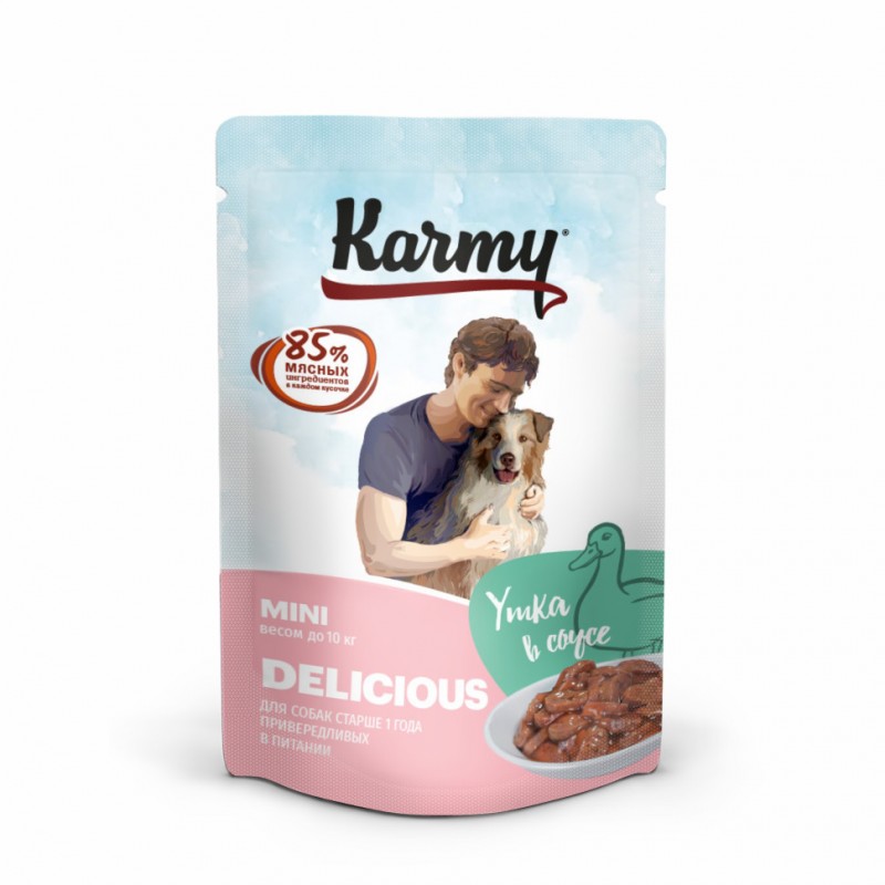 Купить Karmy Delicious Mini влажный корм для собак мелких пород привередливых в питании, утка в соусе, в паучах - 80 г Karmy в Калиниграде с доставкой (фото)