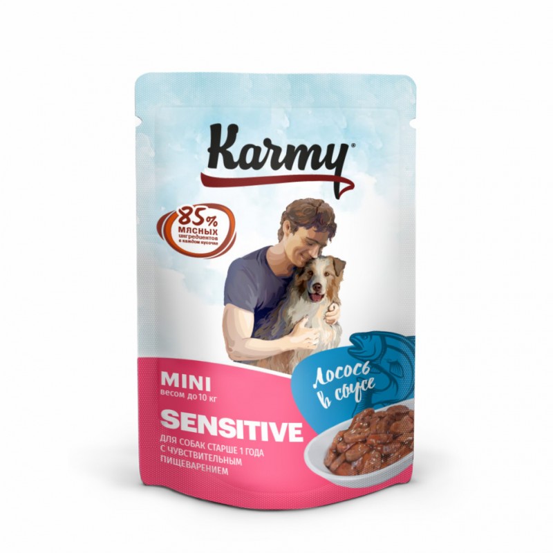 Купить Karmy Sensitive Mini влажный корм для собак мелких пород с чувствительным пищеварением, лосось в соусе, в паучах - 80 г Karmy в Калиниграде с доставкой (фото)