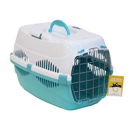 Моськи-Авоськи Переноска пластиковая с металлической дверцей 49х33х32 см (до12 кг), цвет бирюзово-белый