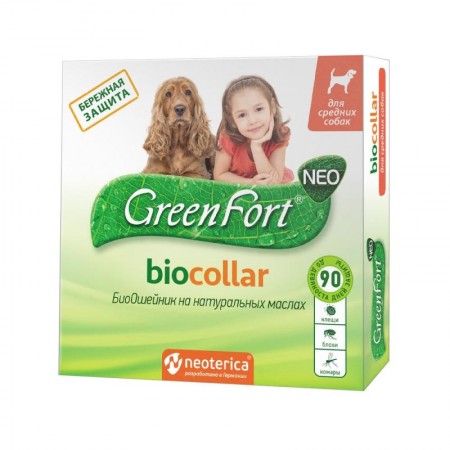 Биоошейник GreenFort NEO от клещей, блох, вшей, власоедов, комаров, мух для средних собак, 65 см