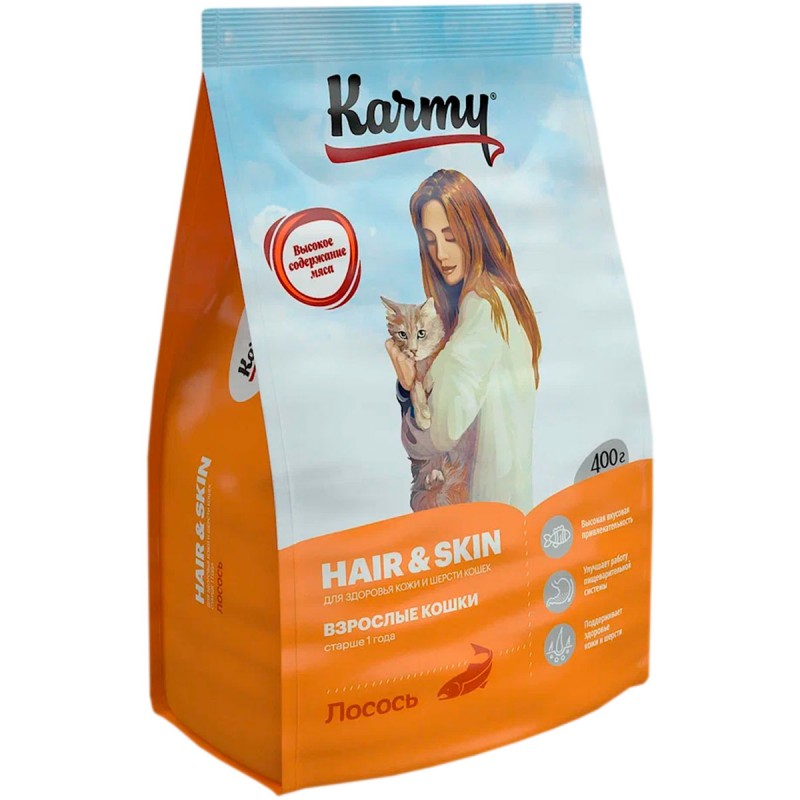 Купить Сухой корм KARMY HAIR & SKIN для взрослых кошек с чувствительной кожей и шерстью с лососем (0,4 кг) Karmy в Калиниграде с доставкой (фото)