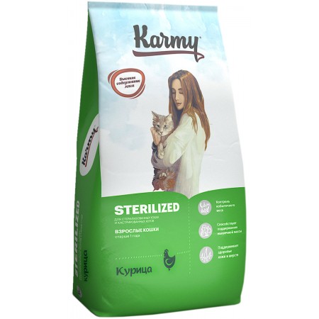 Сухой корм KARMY STERILIZED для взрослых кастрированных котов и стерилизованных кошек с курицей (10 кг)