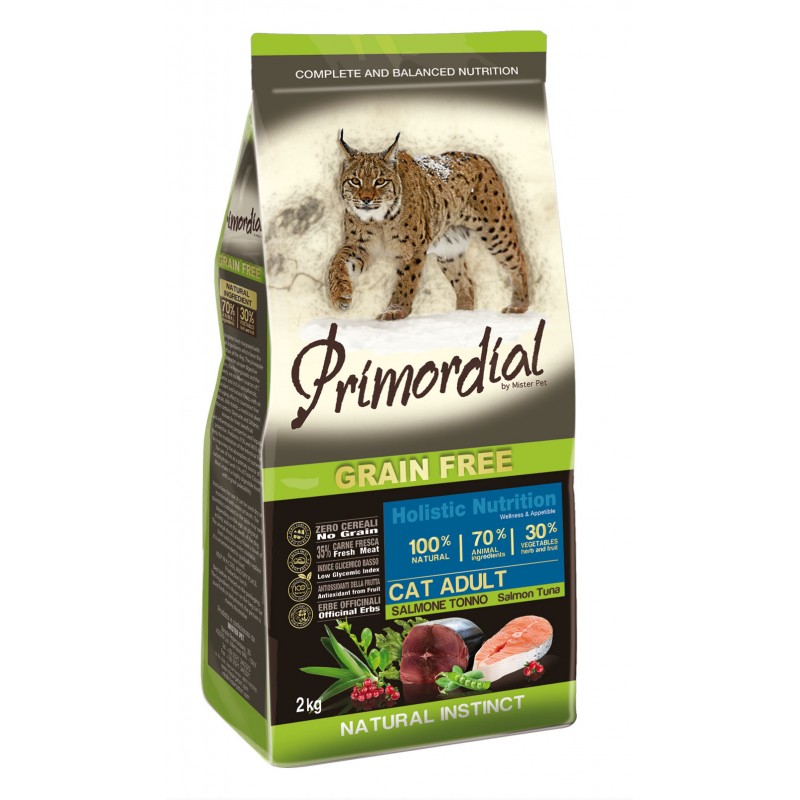Купить Беззерновой корм для кошек Primordial (33/16) с лососем и тунцом 2 кг Primordial в Калиниграде с доставкой (фото)