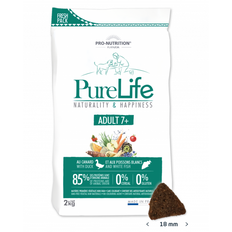 Сухой беззерновой холистик корм для пожилых собак всех пород Pro-Nutrition Flatazor Pure Life Adult 7+, с уткой и белой рыбой, 2 кг