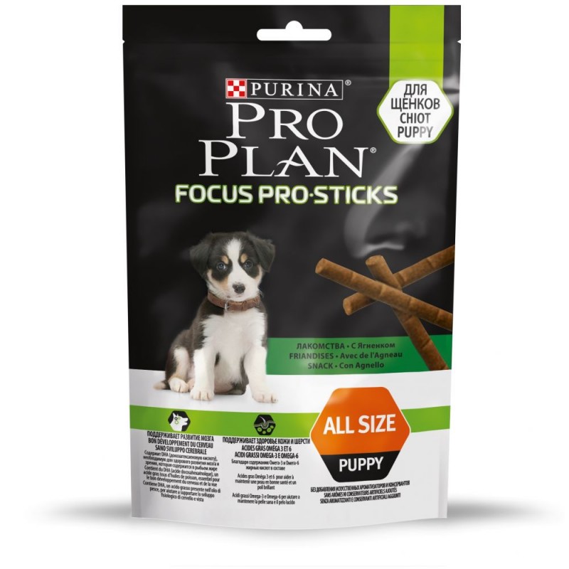 Лакомство для собак палочки Purina PRO PLAN® Focus PRO Sticks для поддержания развития мозга у щенков, с ягненком, 126 г